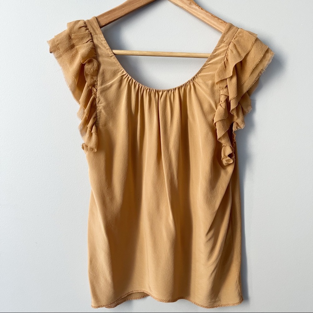 Wilfred Silk Camel Blouse Flutter Ruffle Sleeve Open Back Scoop Neck XS